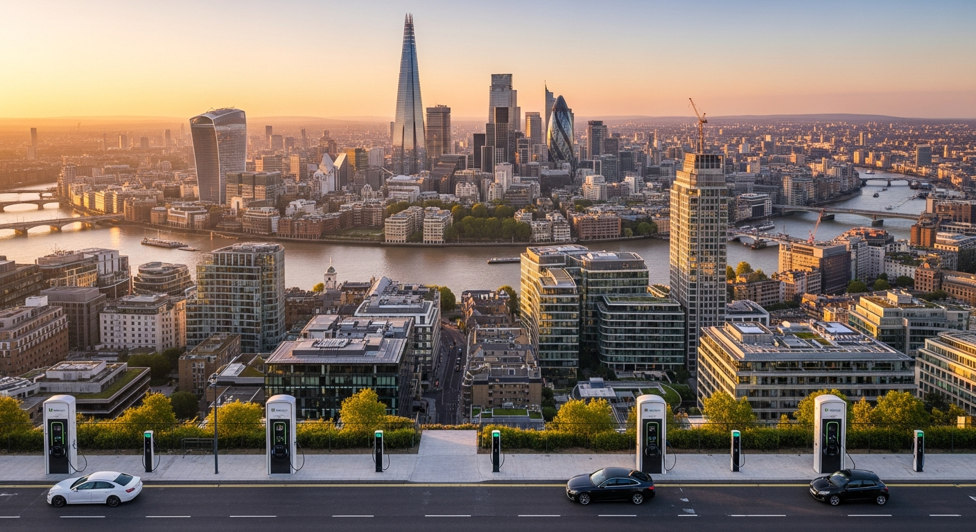 London cityscape with electric vehicles